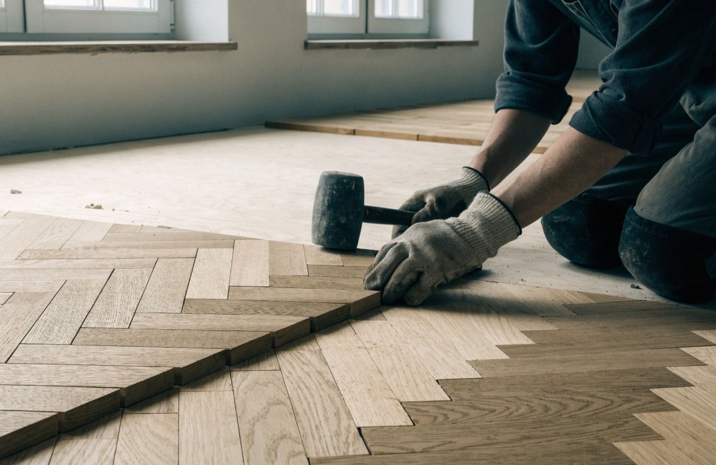 Herringbone blocks fitted by hand onto a new subfloor, illustrative